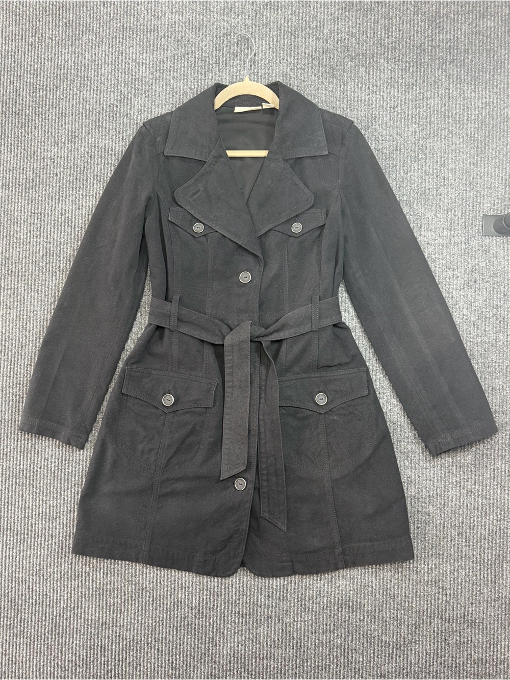 DKNY Jeans Faded Black Brushed Cotton Suede-Feel Belted Trench Coat Size M